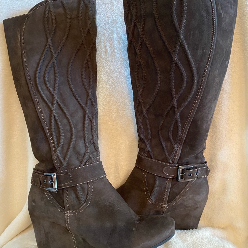 7 For All Mankind Brown Suede Knee-High Wedge Heel Boots